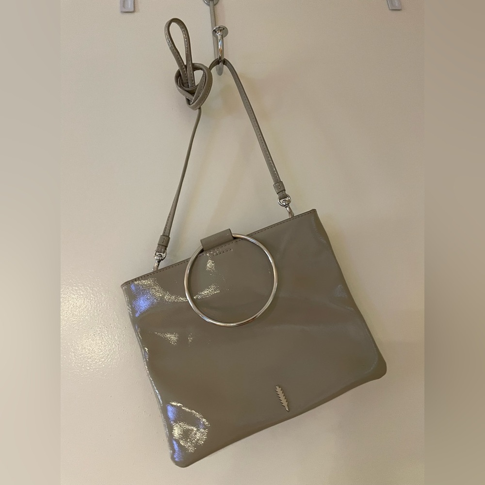 Beige Shiny Crossbody Silver O-Ring Handle Bag Inside Zipper Pocket